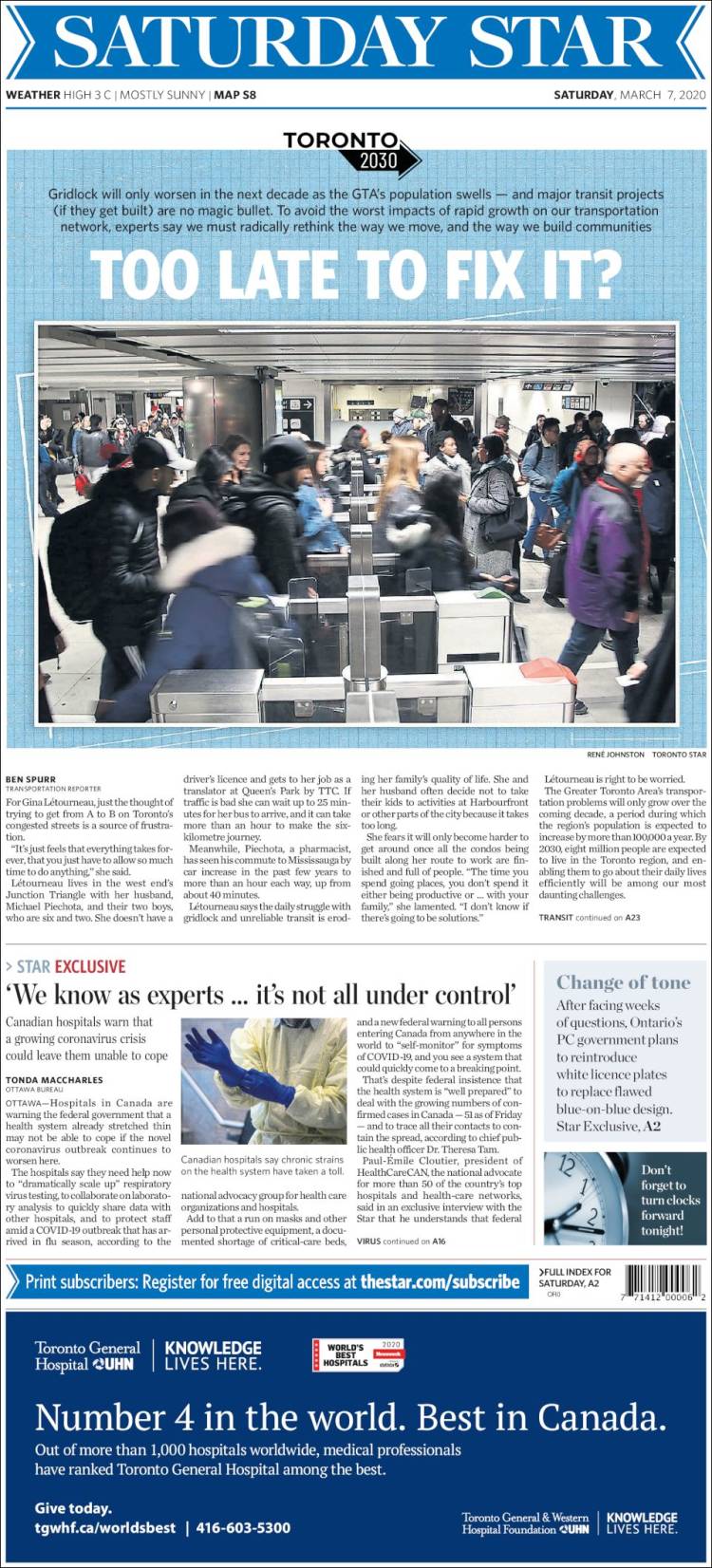 Portada de The Toronto Star (Canadá)