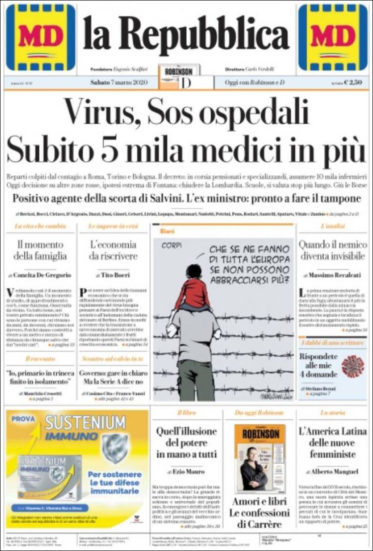 Portada de La Repubblica (Italia)