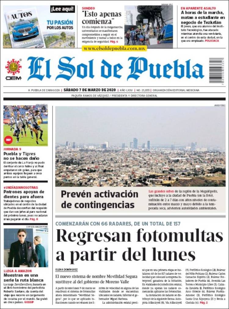 Portada de El Sol de Puebla (M&eacute;xico)