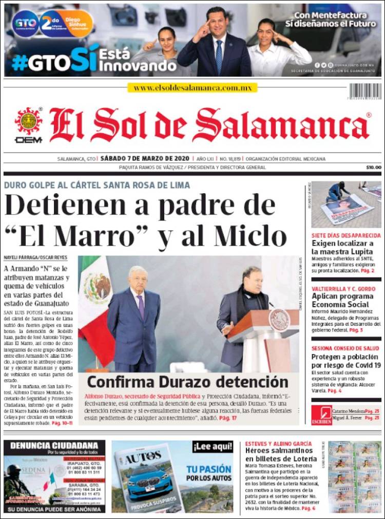Portada de El Sol de Salamanca (M&eacute;xico)