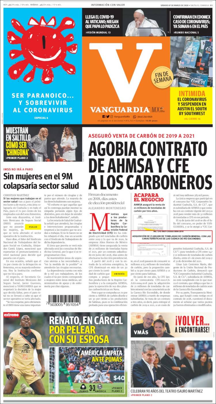 Portada de Vanguardia (M&eacute;xico)