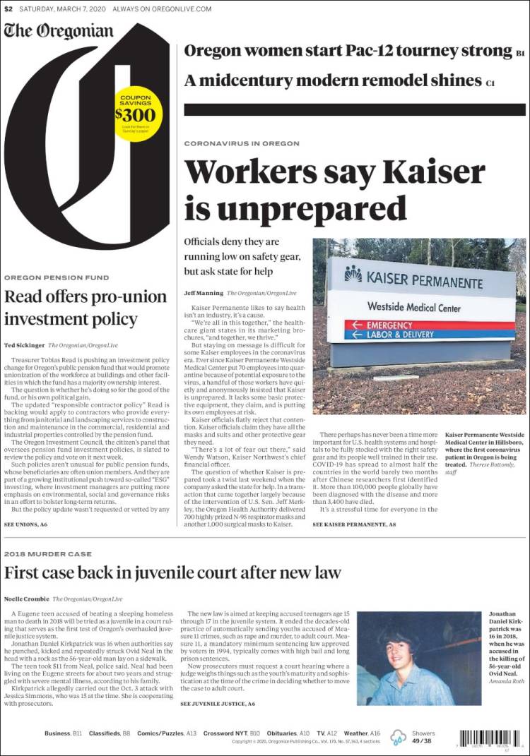 Portada de The Oregonian (USA)