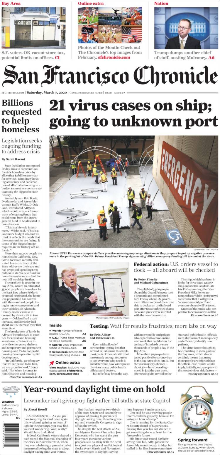 Portada de San Francisco Chronicle (USA)