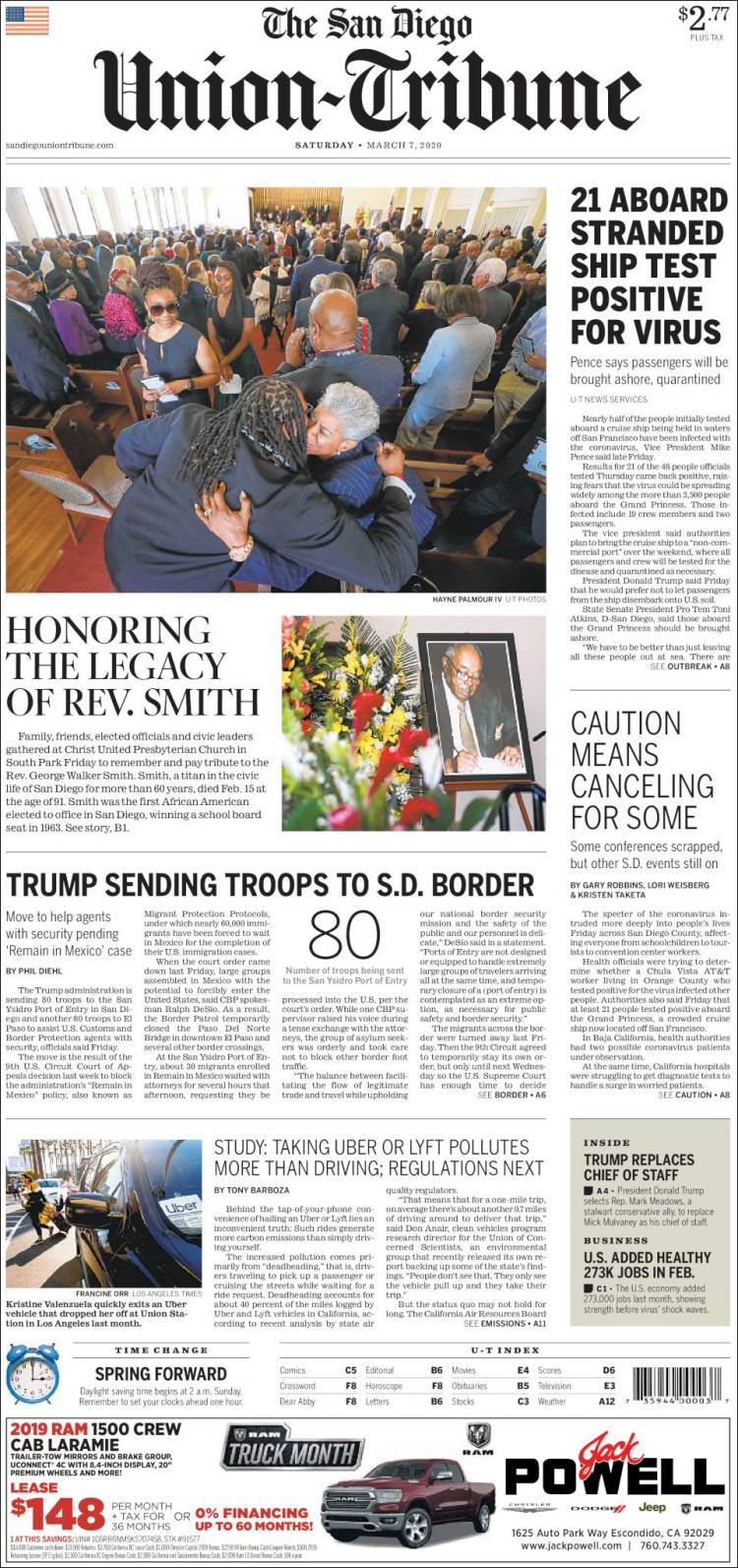 Portada de The San Diego Union-Tribune (USA)