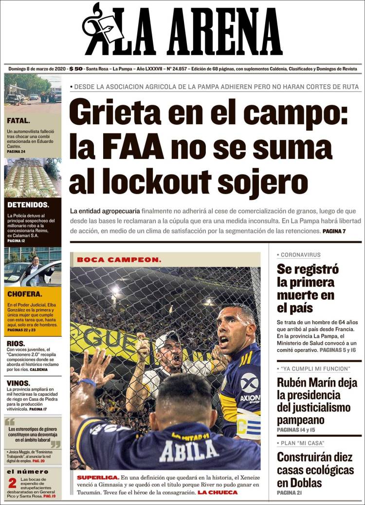 Portada de Diario La Arena (Argentina)