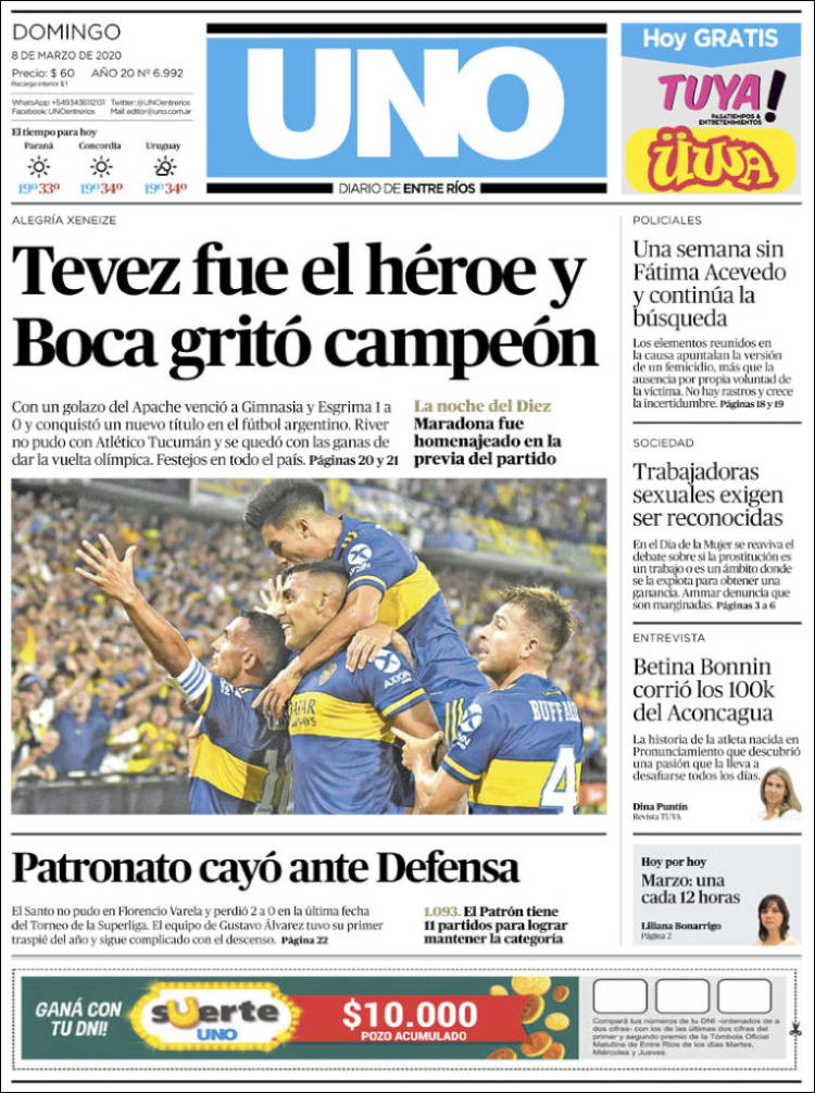 Portada de Diario Uno de Entre Ríos (Argentina)