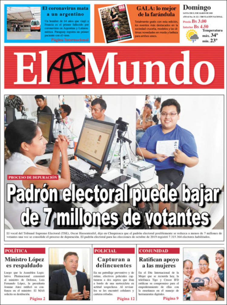 Portada de El Mundo (Bolivia)