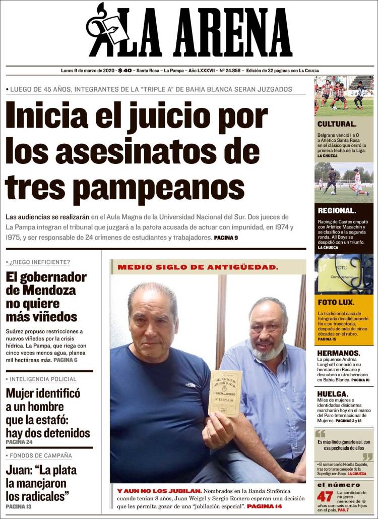 Portada de Diario La Arena (Argentina)