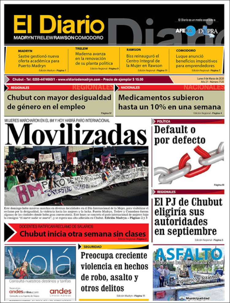 Portada de El Diario de Madryn (Argentina)