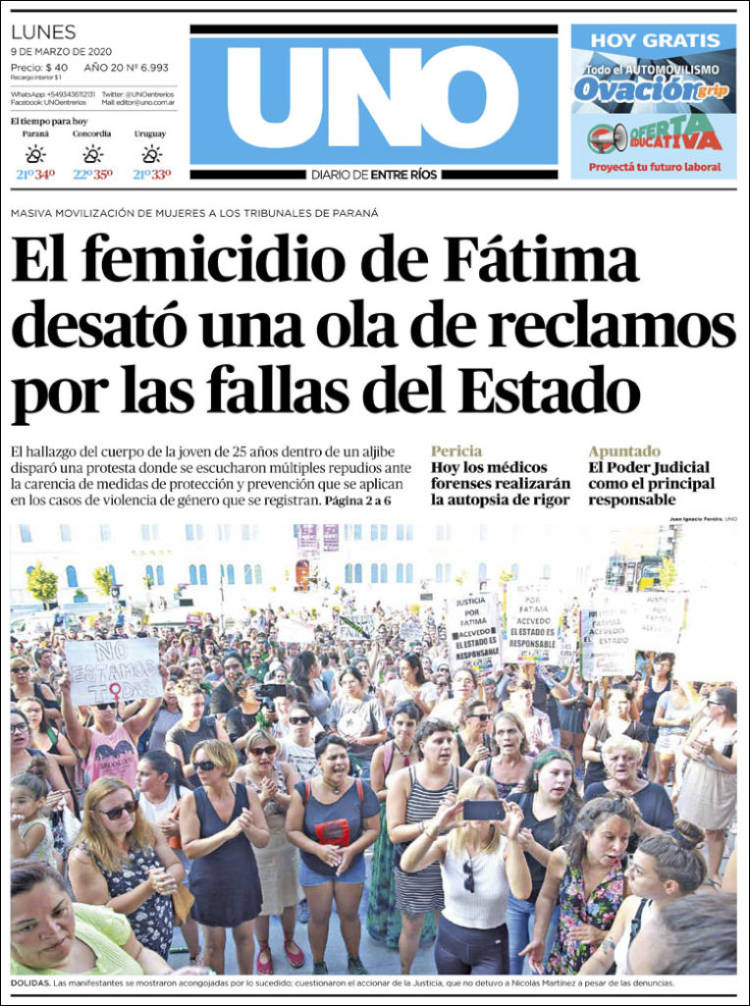 Portada de Diario Uno de Entre Ríos (Argentina)