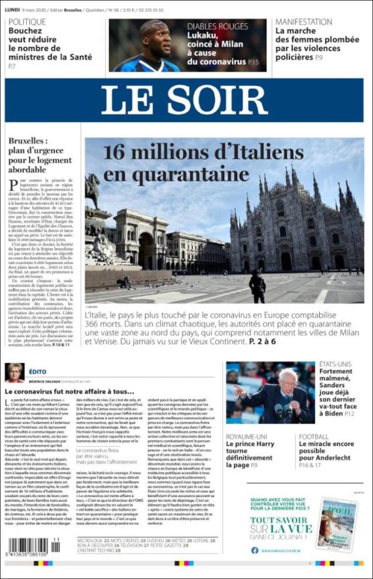 Portada de Le Soir (B&eacute;lgica)