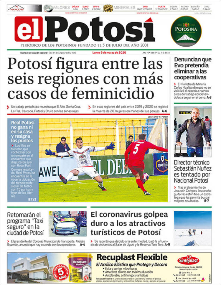 Portada de Diario de Potosí (Bolivia)