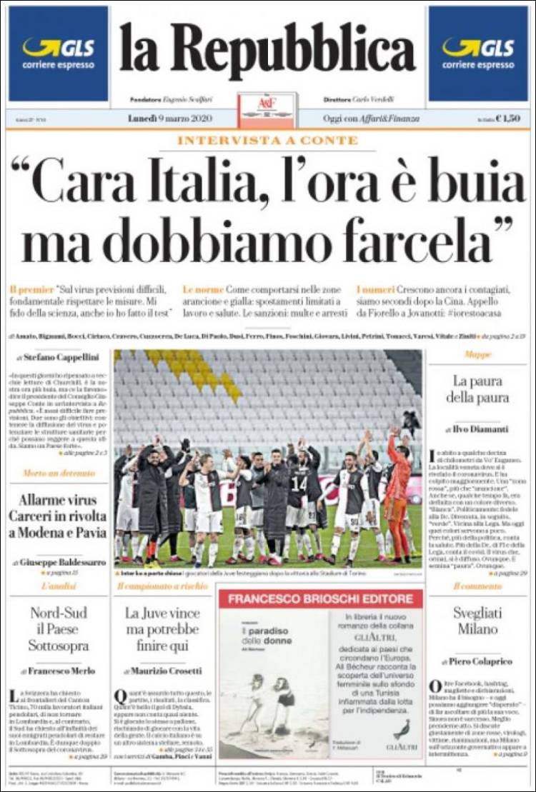 Portada de La Repubblica (Italia)