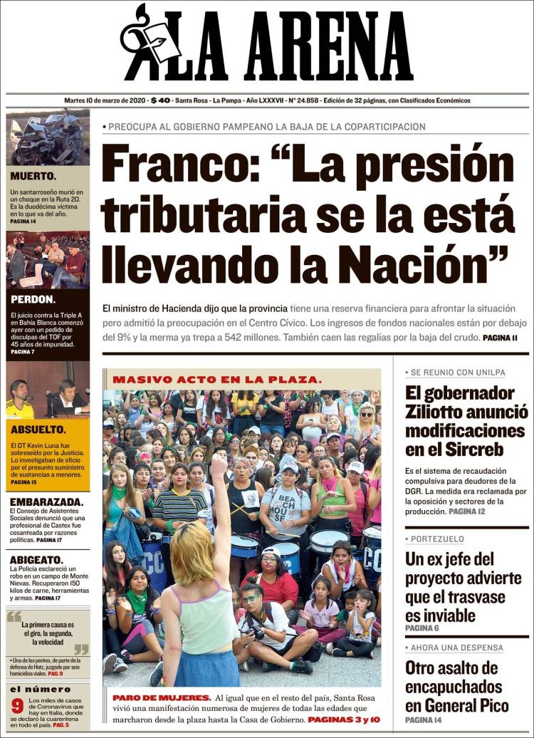 Portada de Diario La Arena (Argentina)