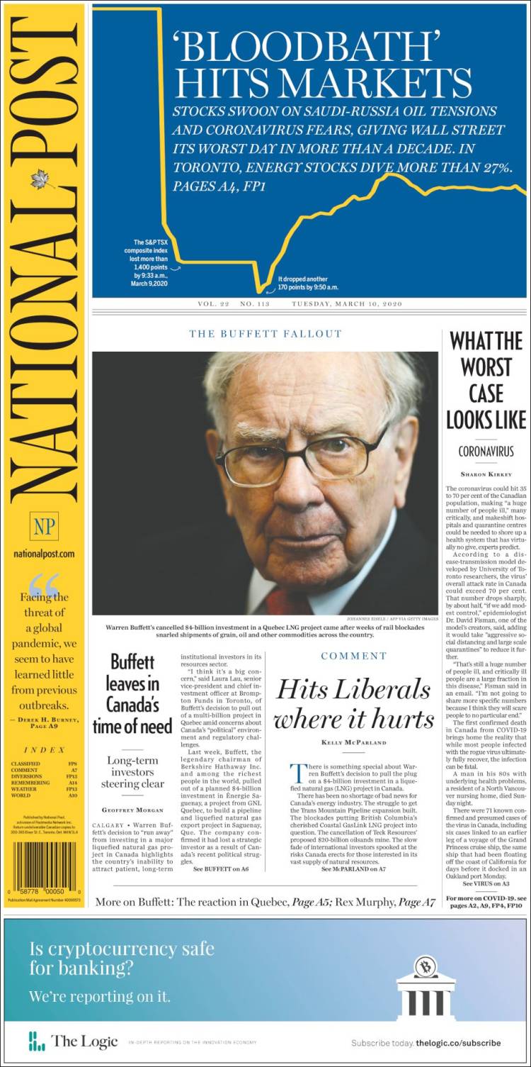 Portada de The National Post (Canada)