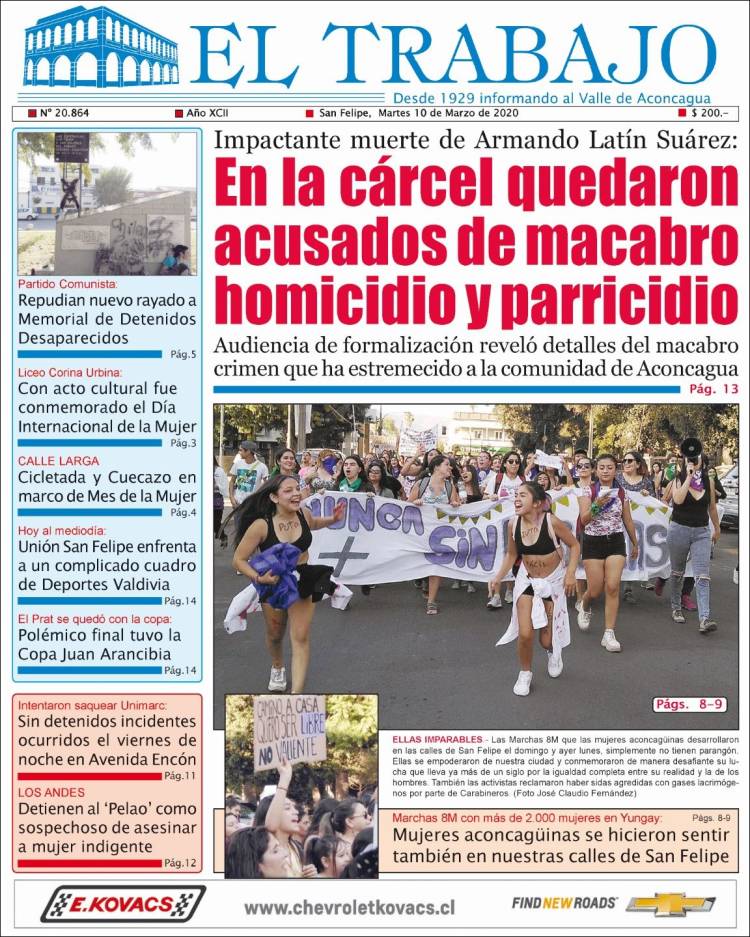 Portada de El Trabajo (Chile)