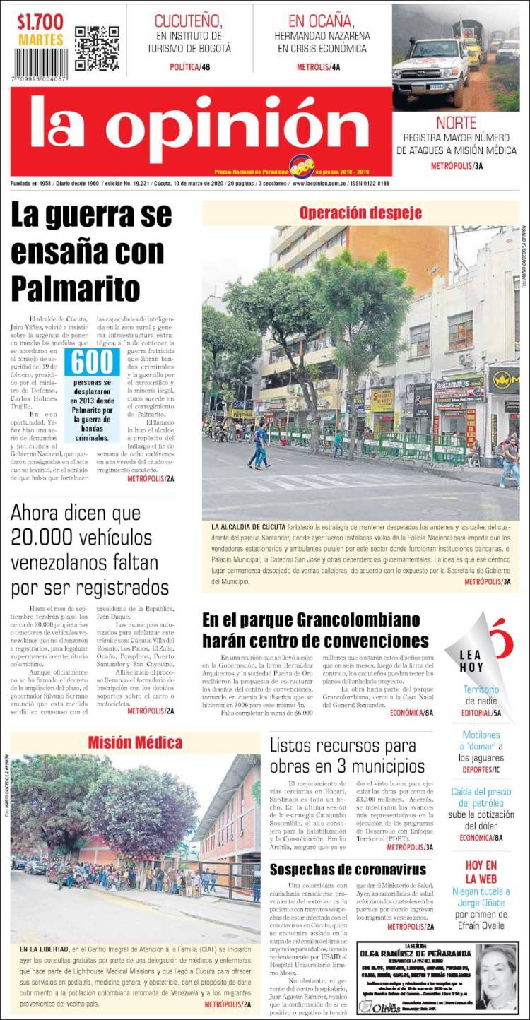 Portada de Diario La Opinion (Colombia)