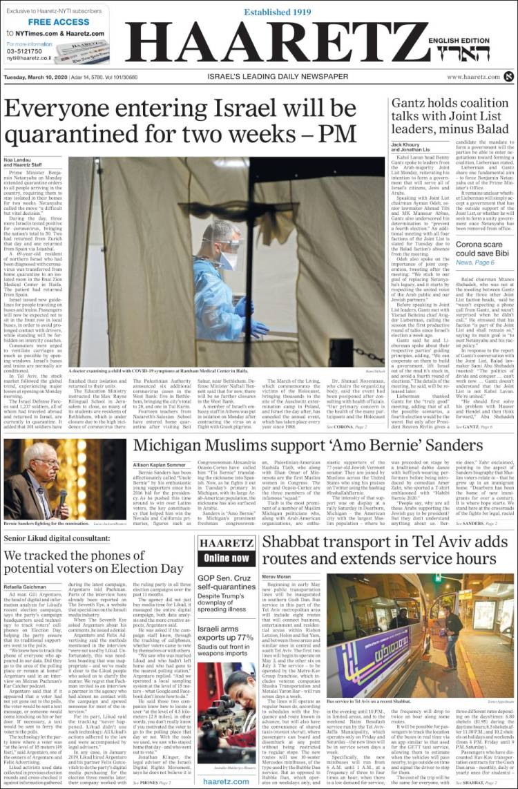 Portada de Haaretz (Israel)