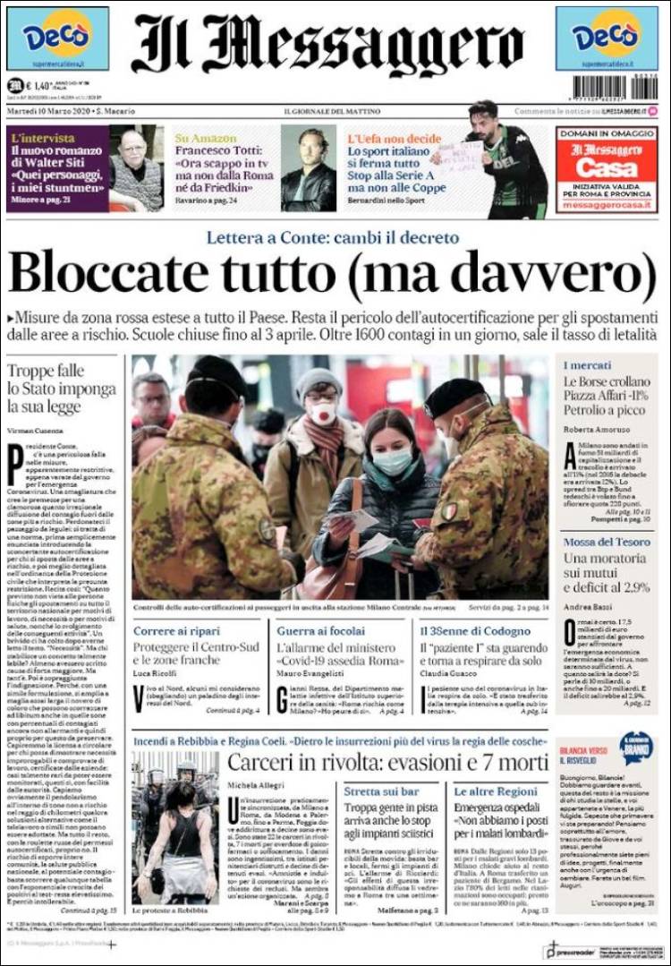 Portada de Il Messaggero (Italia)