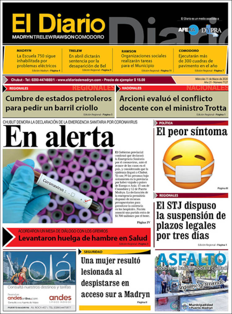 Portada de El Diario de Madryn (Argentina)