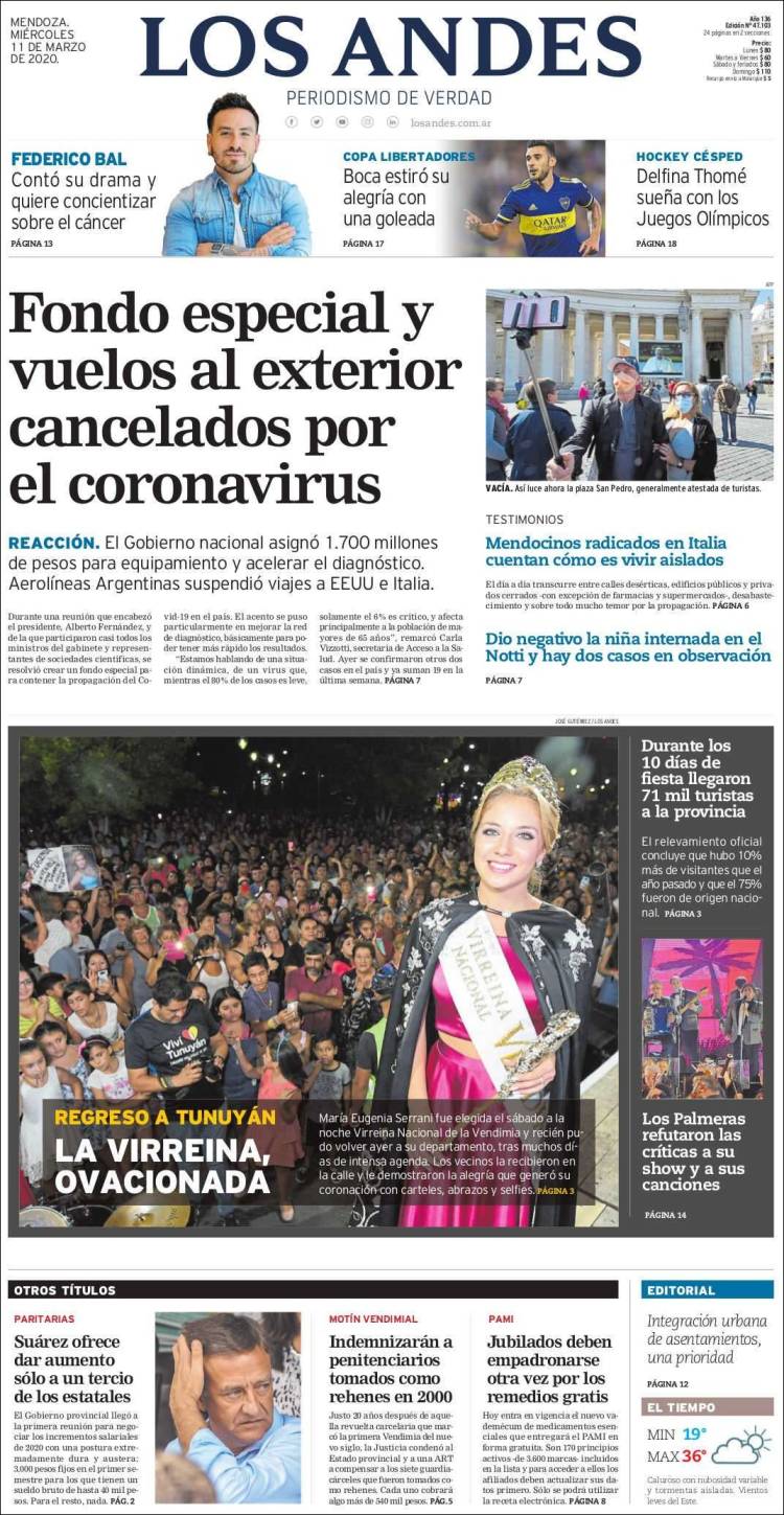 Portada de Los Andes - Mendoza (Argentina)