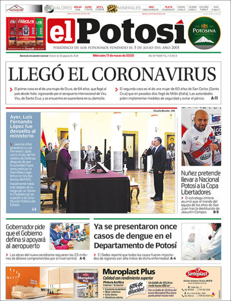 Portada de Diario de Potosí (Bolivia)