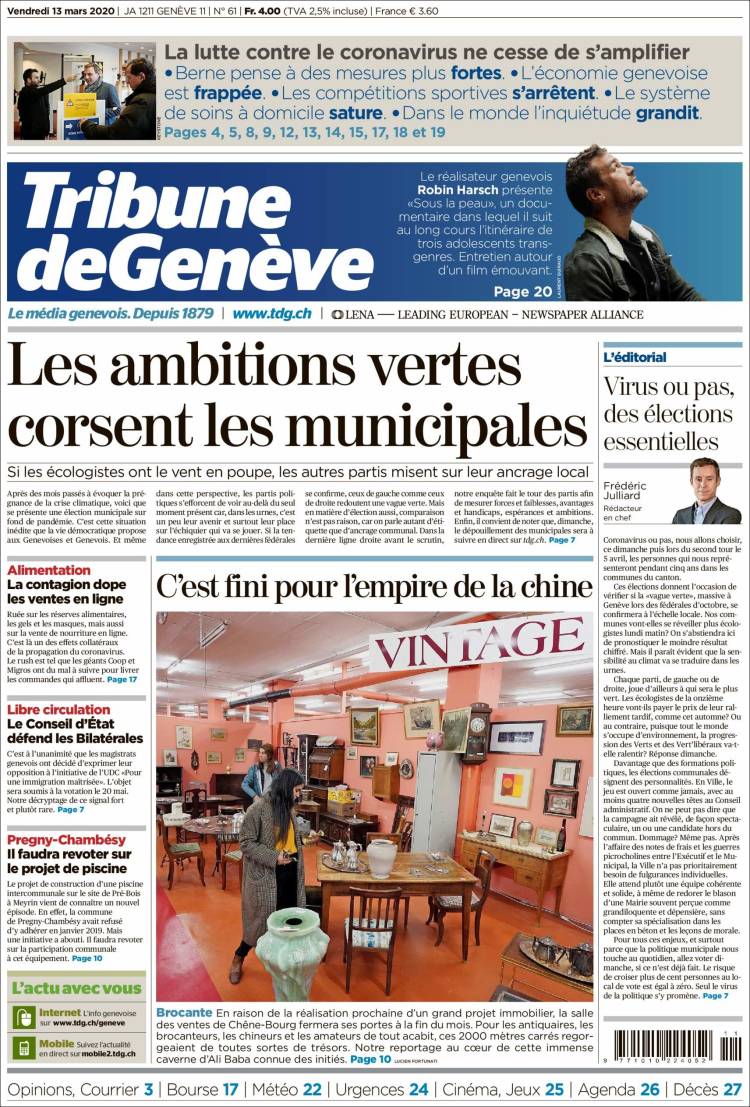 Portada de La Tribune de Genève (Suiza)