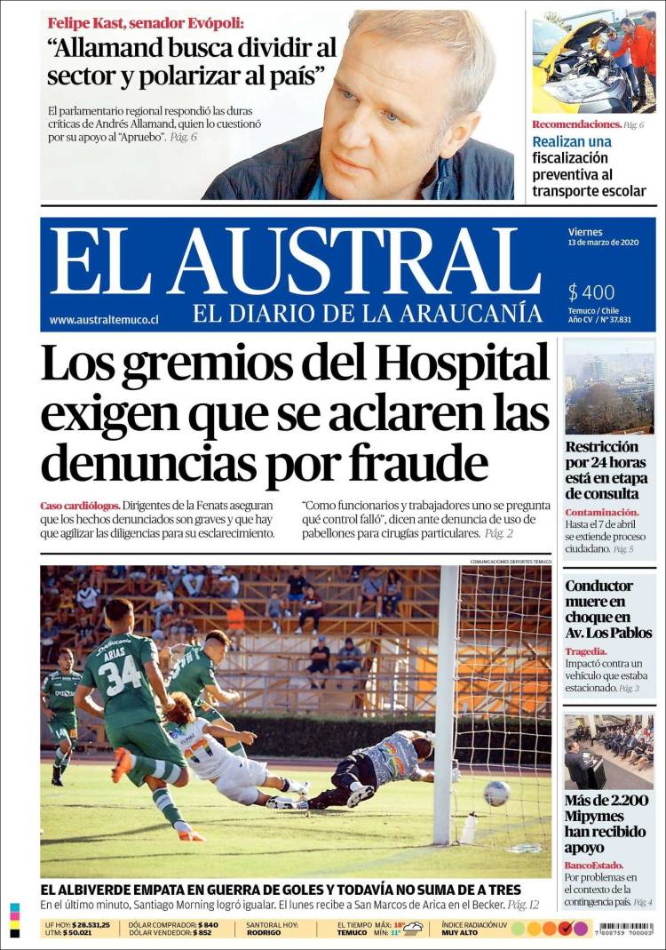 Portada de El Austral de Temuco (Chile)