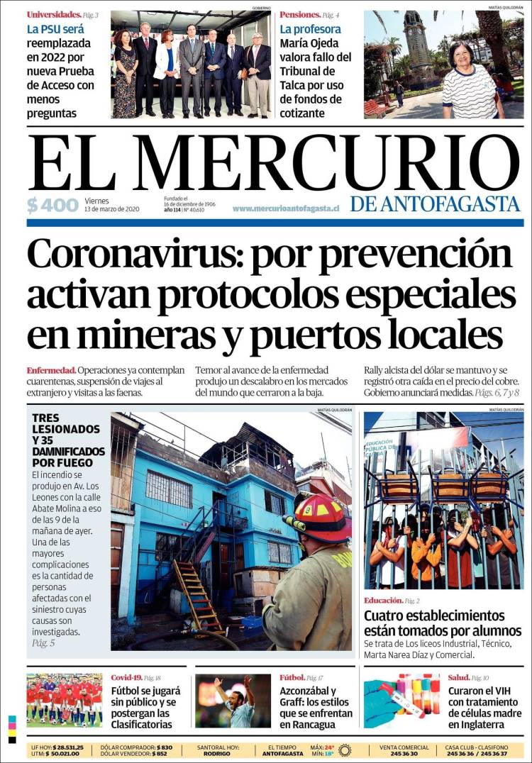 Portada de El Mercurio de Antofagasta (Chile)