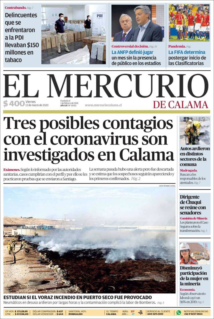 Portada de El Mercurio - Calama (Chile)
