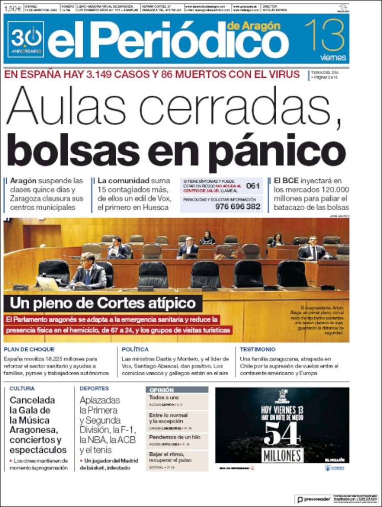 Portada de El Periódico de Aragón (España)