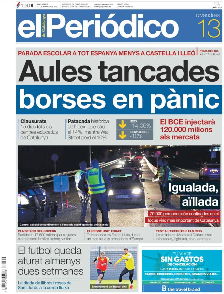 Portada de El Periódico de Catalunya (España)