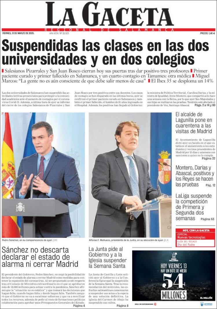 Portada de La Gaceta de Salamanca (España)