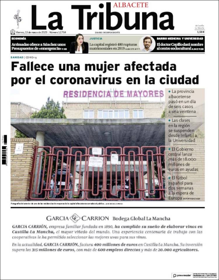 Portada de La Tribuna de Albacete (España)