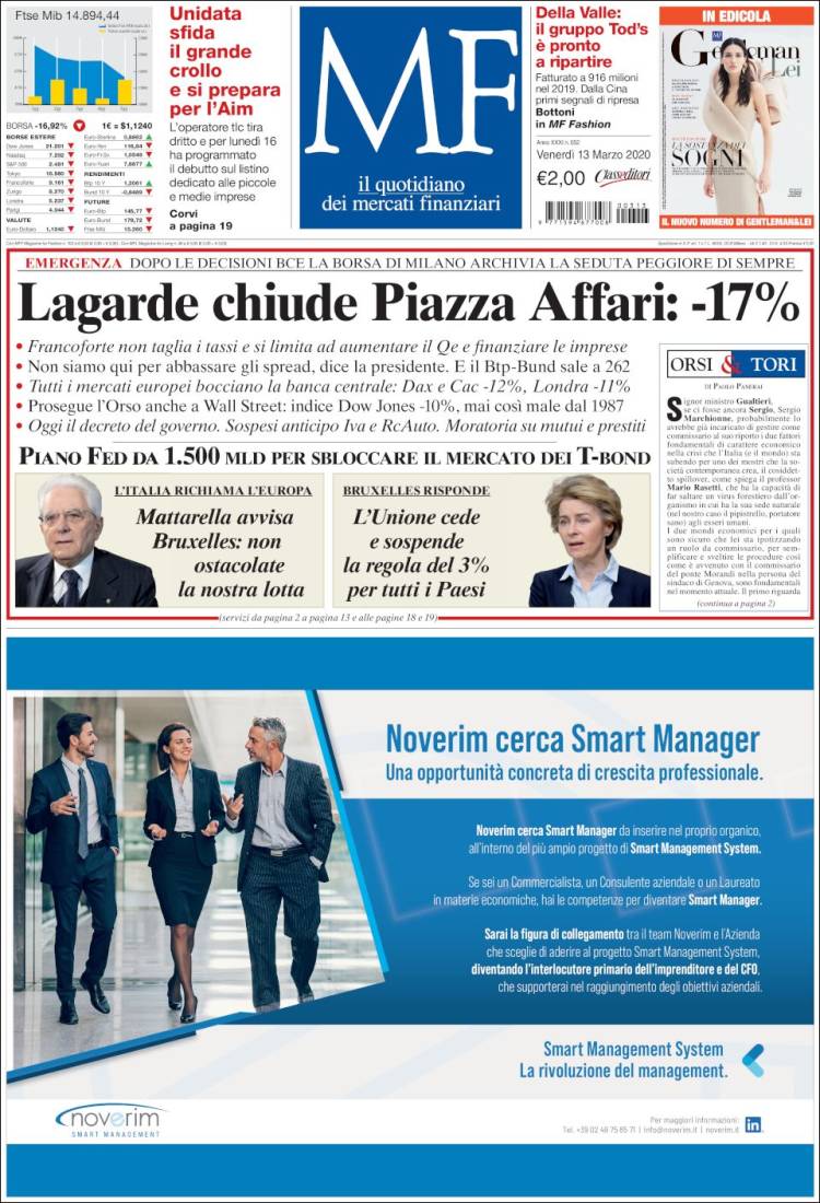 Portada de Milano Finanza (Italia)