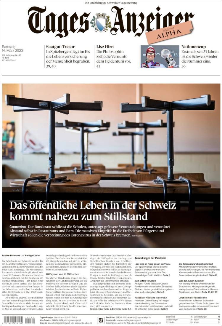 Portada de Tages-Anzeiger (Suiza)