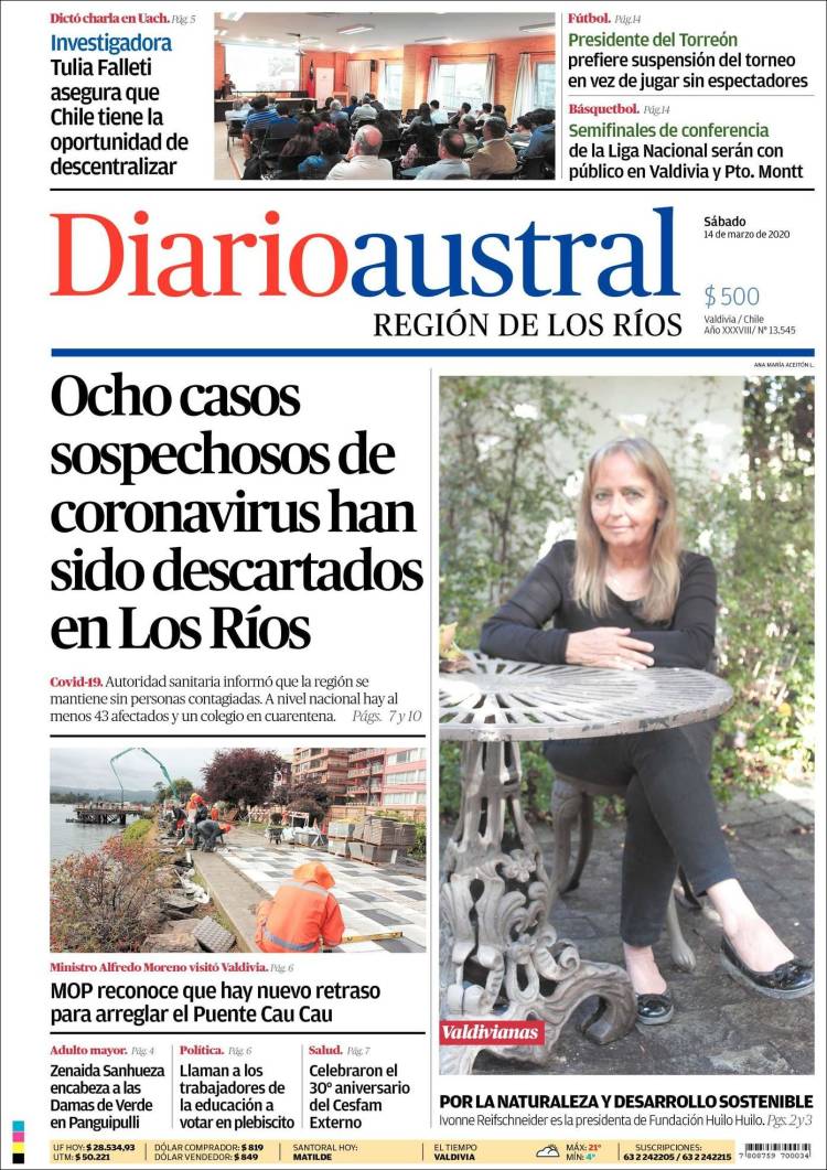 Portada de El Diario Austral de Valdivia (Chile)