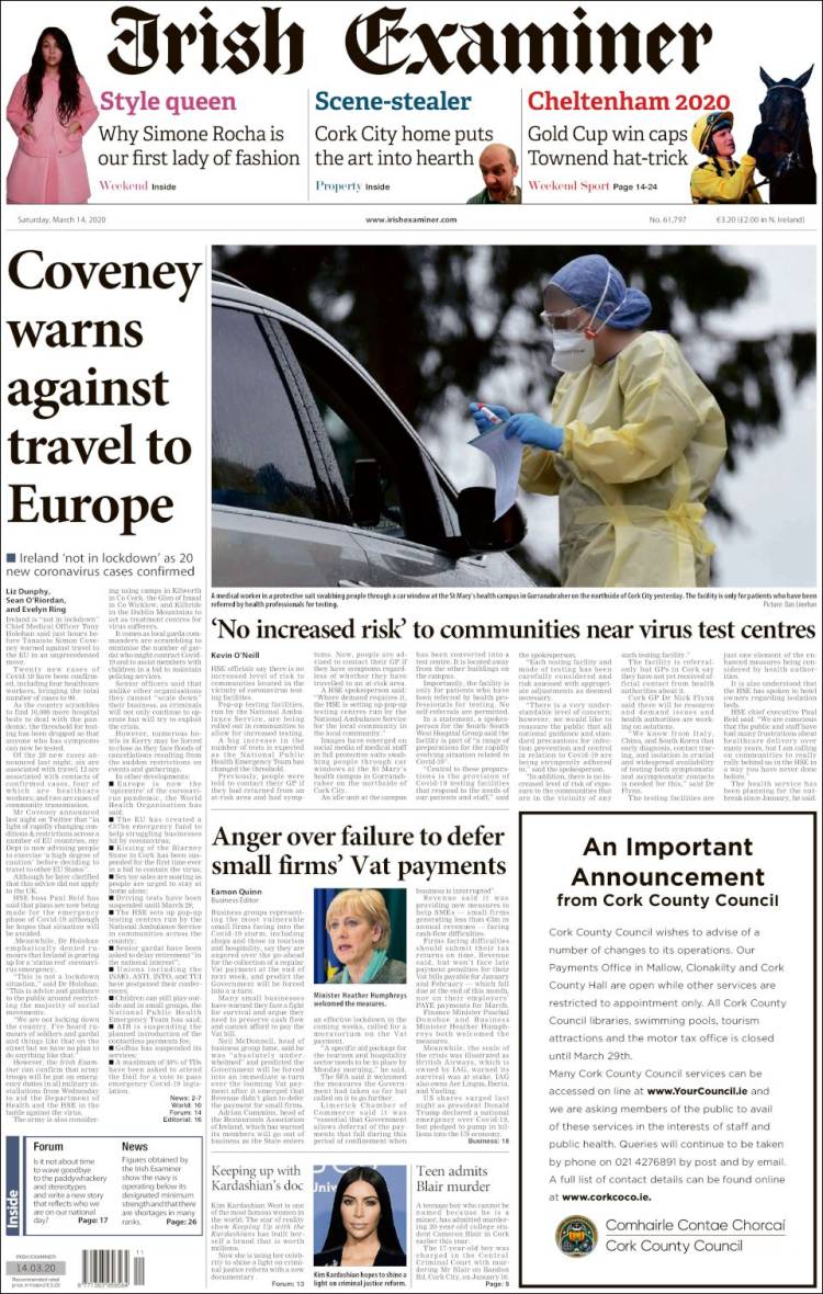 Portada de Irish Examiner (Irlanda)