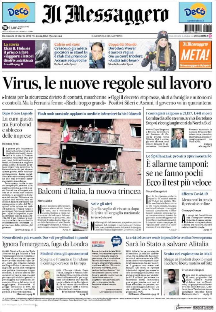 Portada de Il Messaggero (Italia)