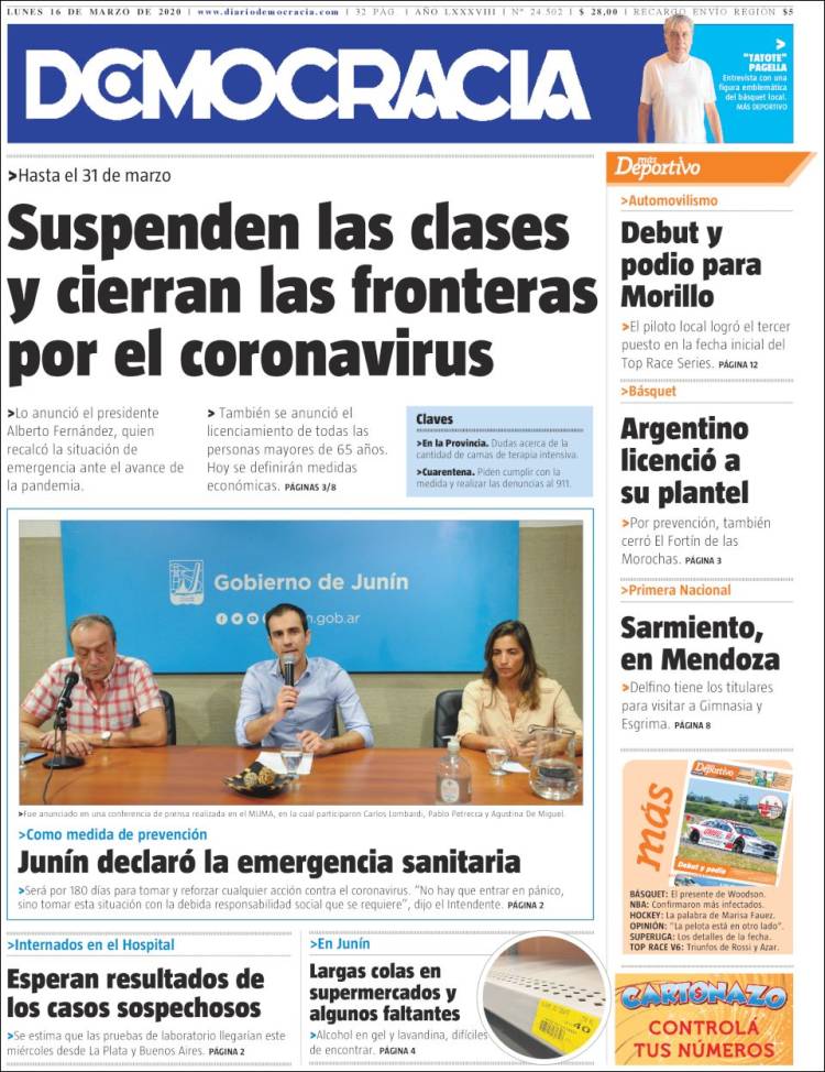 Portada de Diario Democracia (Argentina)