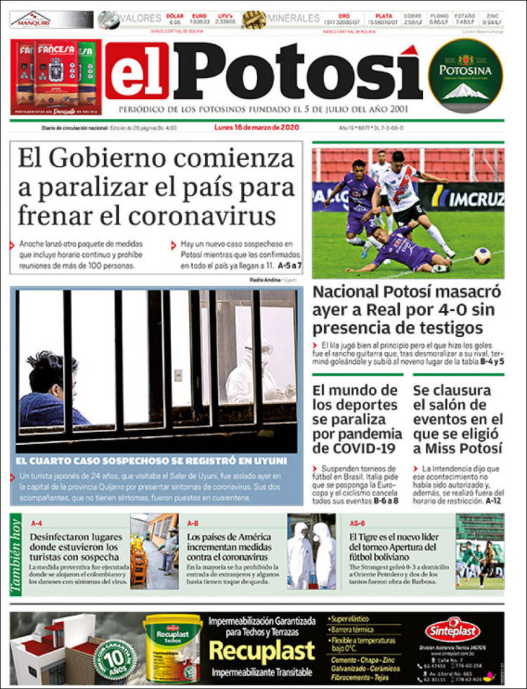 Portada de Diario de Potosí (Bolivia)