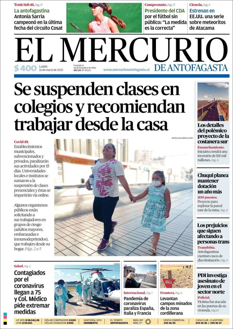 Portada de El Mercurio de Antofagasta (Chile)