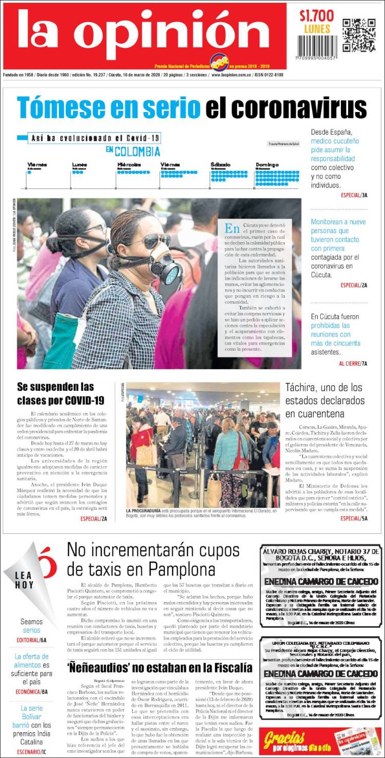 Portada de Diario La Opinion (Colombia)