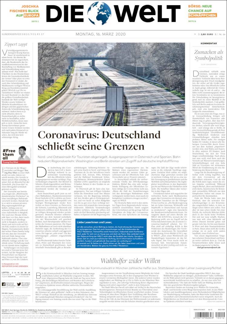 Portada de Die Welt (Alemania)