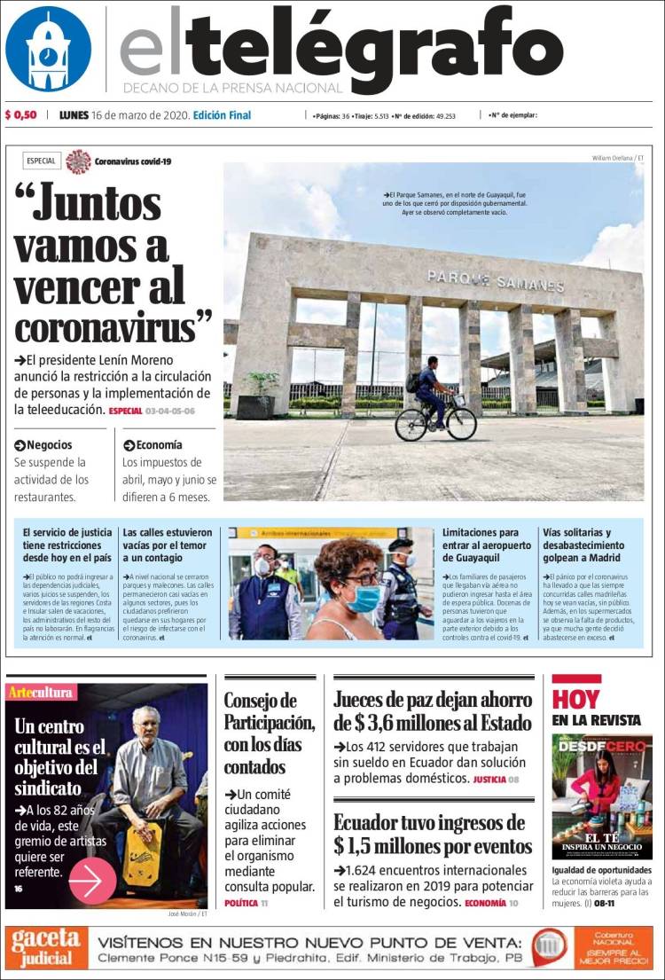Periódico El Telégrafo Ecuador Periódicos De Ecuador Edición De Lunes 16 De Marzo De 2020 