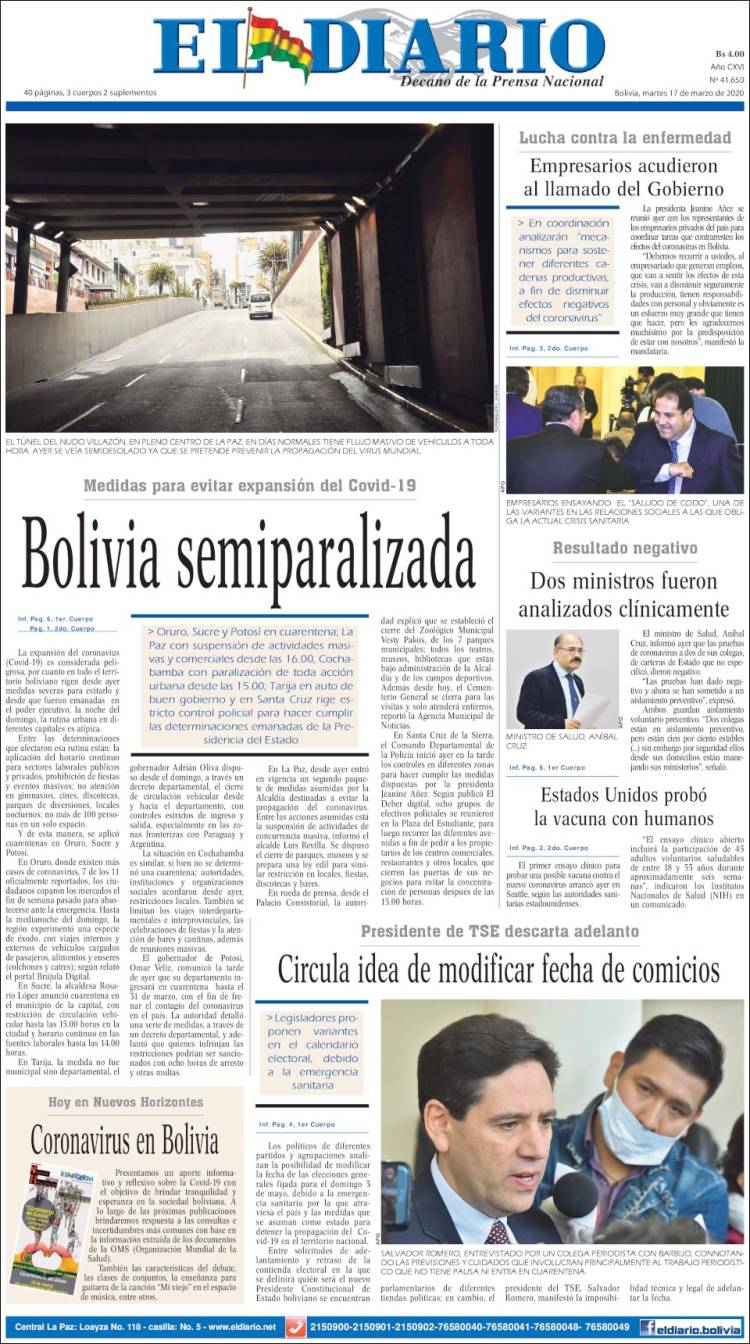 Portada de El Diario (Bolivia)