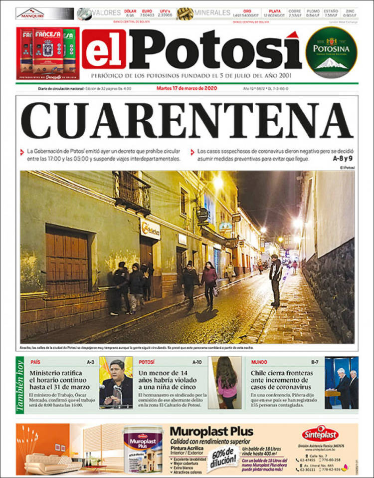 Portada de Diario de Potosí (Bolivia)
