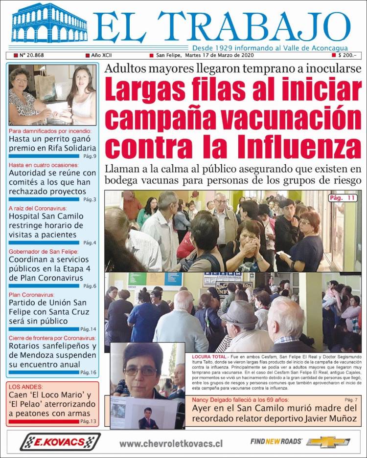 Portada de El Trabajo (Chile)