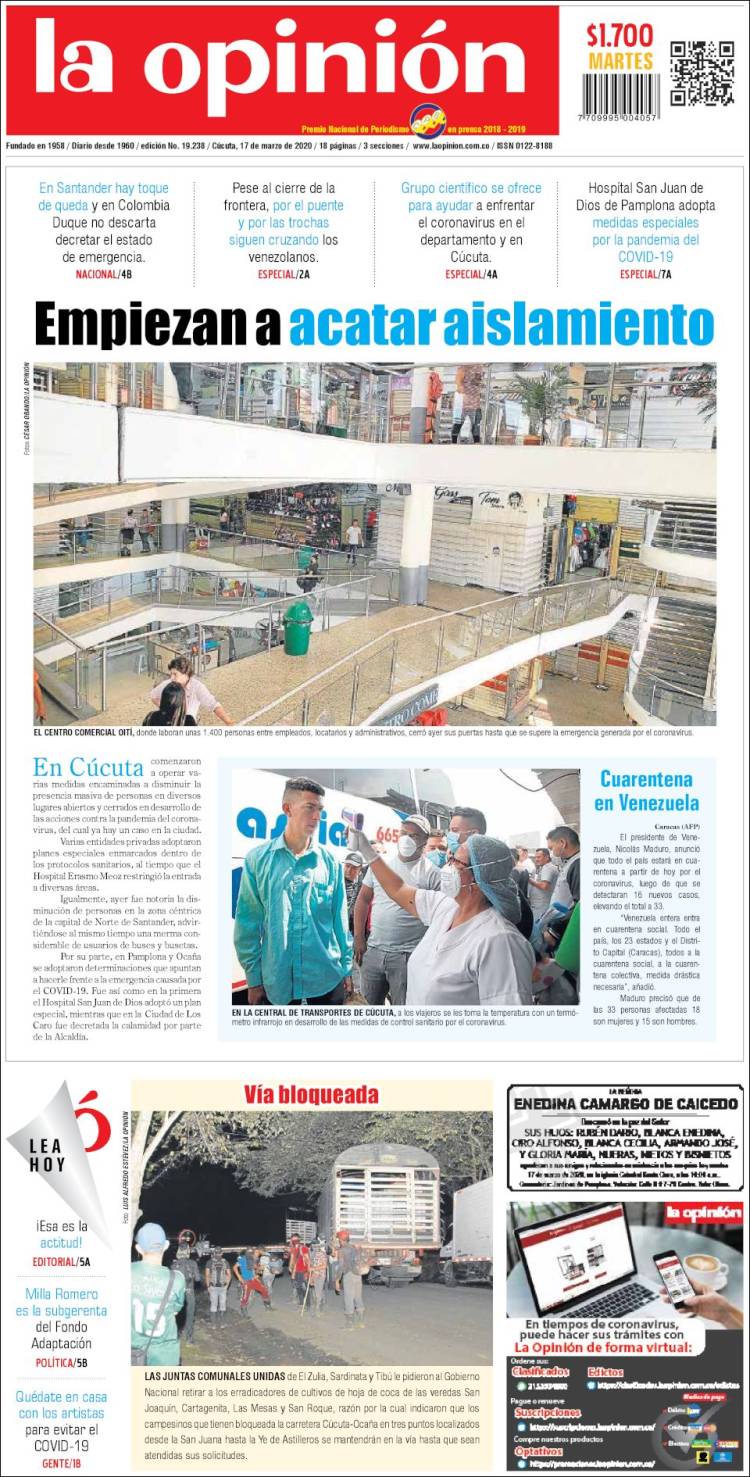 Portada de Diario La Opinion (Colombia)