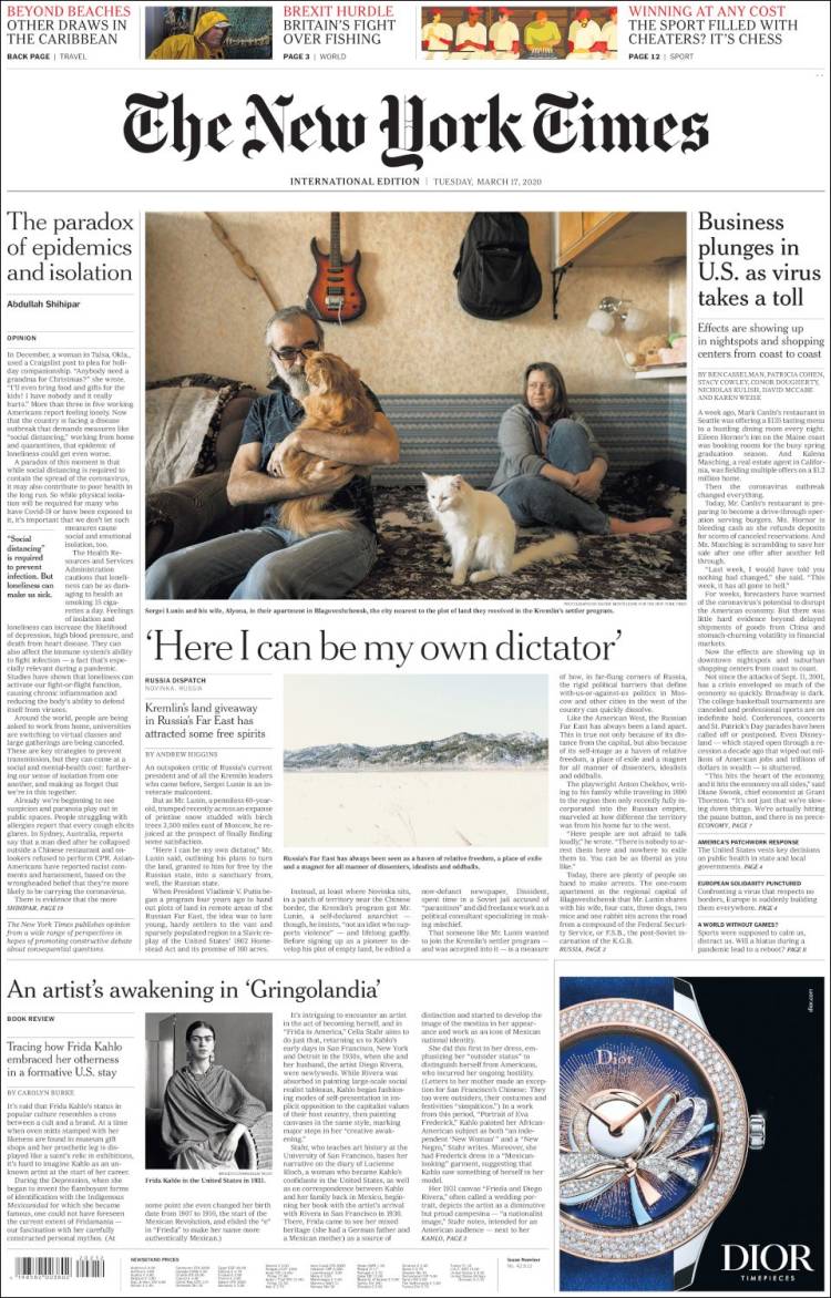 Portada de International New York Times (Europa)